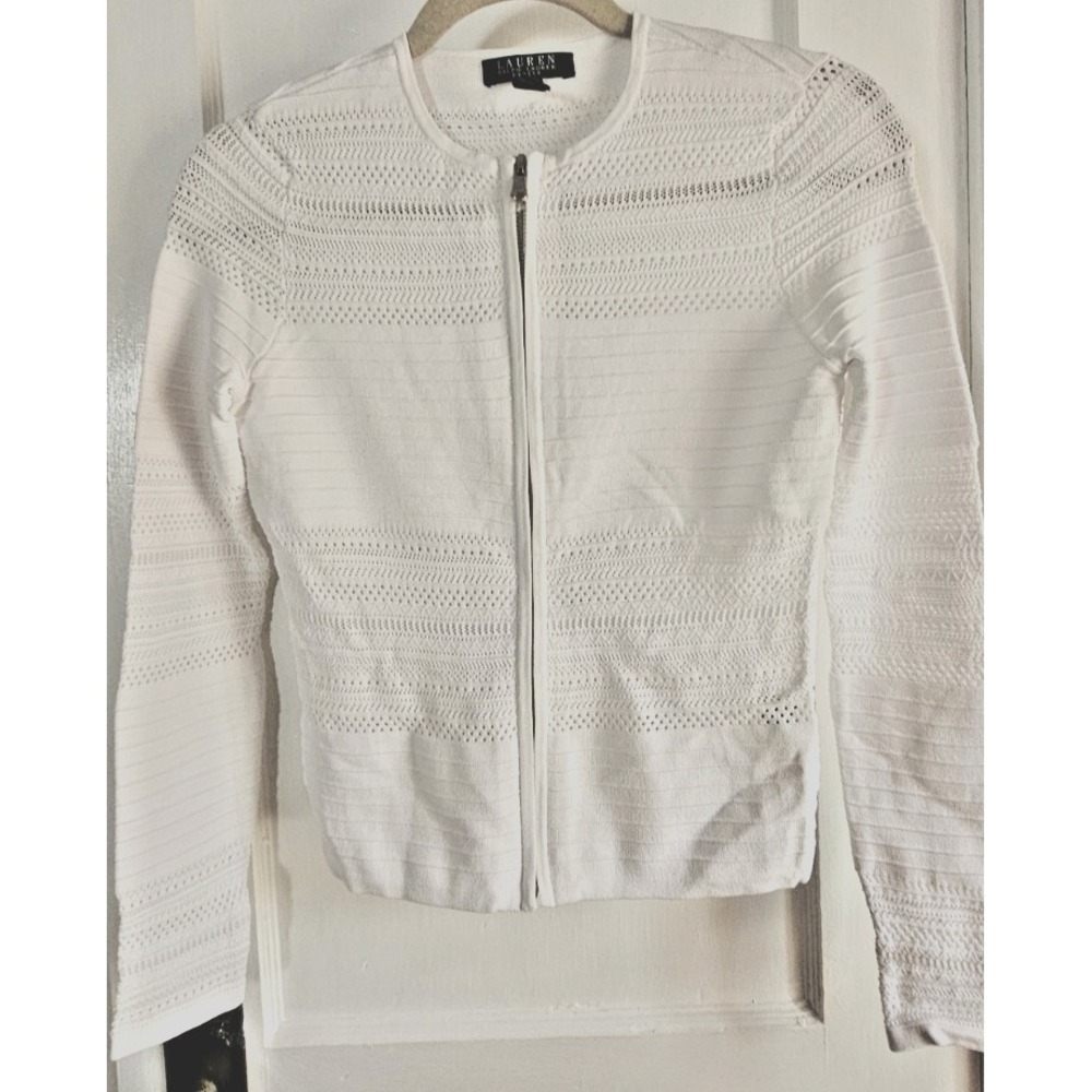 Lauren Ralph Lauren white zip up‎ open knit cardigan woman Sz Petite S